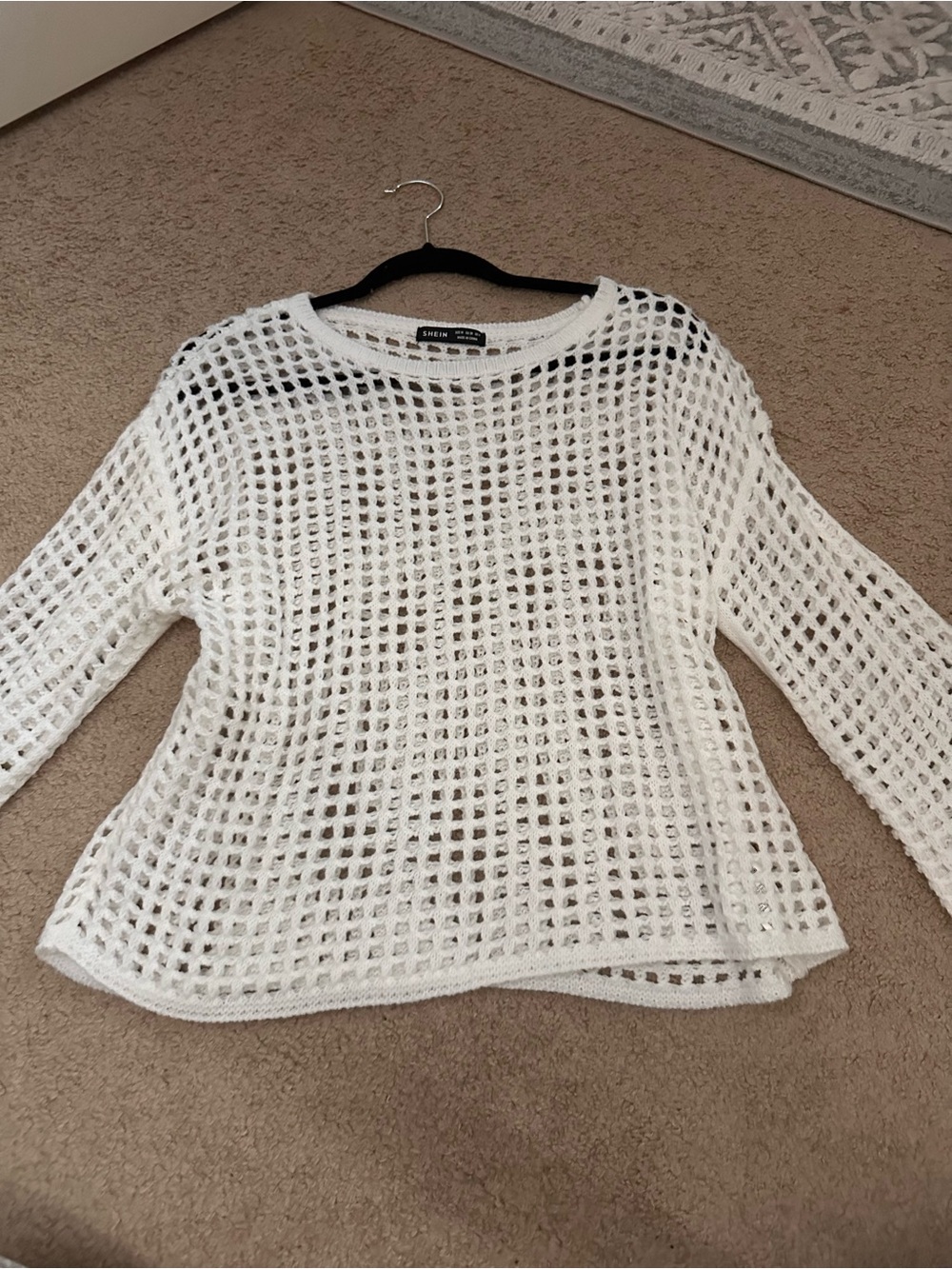Open-Knit Crewneck Sweater in White